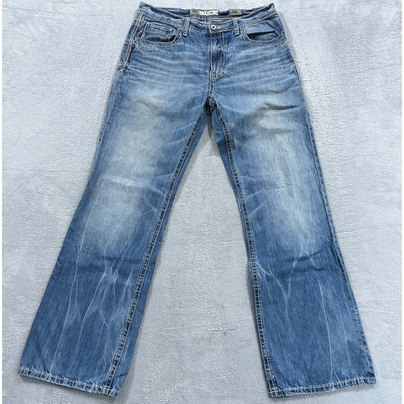 BKE Tyler Jeans Mens 33x34 Bootcut Whiskered Blue Denim Thick Embroidered Y2k - Picture 1 of 11